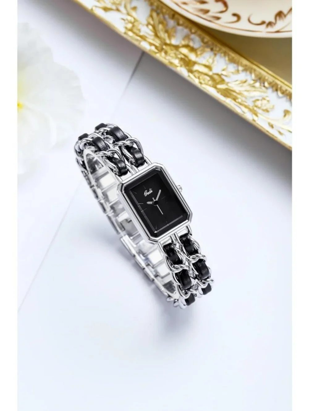 Women's Silver Square Adjustable Chain Braid Band Quartz Retro Wrist Watches